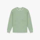 A sage green ribbed knit long-sleeve shirt with contrasting light green trim along the crew neck, shoulders, cuffs, and hem, displayed flat against a light gray background.