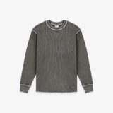 A dark gray ribbed knit long-sleeve shirt with contrasting light gray trim around the crew neck, sleeve seams, and cuffs, shown flat on a light gray background.