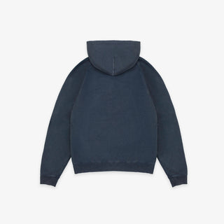 A dark navy blue hooded sweatshirt shown from the back, laid flat against a clean white background.