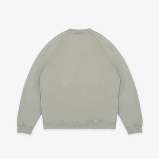 A light sage green crewneck sweatshirt shown from the back, laid flat against a clean white background.