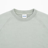 Close-up of a crewneck sweatshirt in a light sage green color, showing the ribbed collar and a white neck label with blue text.