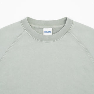 Close-up of a crewneck sweatshirt in a light sage green color, showing the ribbed collar and a white neck label with blue text.