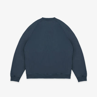 A dark navy blue crewneck sweatshirt shown from the back, laid flat against a light gray background.