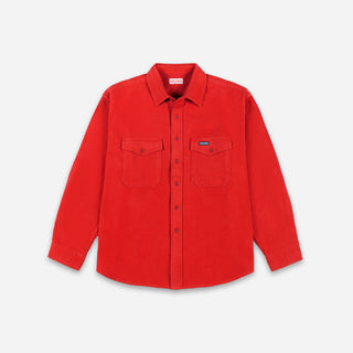A bright red long-sleeve button-up shirt with two buttoned chest pockets, displayed flat against a light gray background.