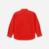 A bright red long-sleeve button-up shirt shown from the back, laid flat against a light gray background.