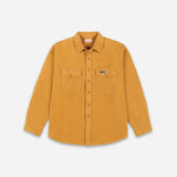 A mustard yellow corduroy button-up shirt with two chest pockets, displayed flat against a light gray background.