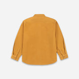 A mustard yellow corduroy button-up shirt.