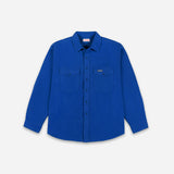 A royal blue long-sleeve button-up shirt with two chest pockets, displayed flat against a light gray background.