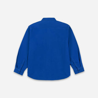 A royal blue long-sleeve button-up shirt shown from the back, laid flat against a light gray background.