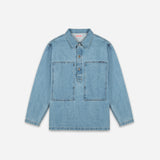 A light blue denim long-sleeve shirt-jacket with a buttoned placket and two large chest pockets, shown flat against a light gray background.