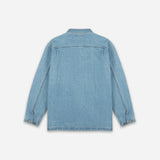 A light blue denim shirt jacket shown from the back, featuring a classic collar, long sleeves with buttoned cuffs, and a straight hem, photographed against a clean off-white background.