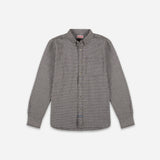 A long-sleeve button-down shirt with a small-scale gray and white micro-check pattern, displayed flat against a light gray background.