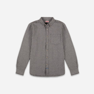 A long-sleeve button-down shirt with a small-scale gray and white micro-check pattern, displayed flat against a light gray background.