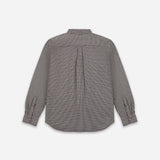 A long-sleeve button-up shirt with a small-scale gray and white micro-check pattern, shown from the back against a light gray background.
