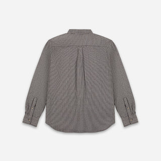 A long-sleeve button-up shirt with a small-scale gray and white micro-check pattern, shown from the back against a light gray background.