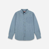 A light blue and white checkered long-sleeve button-down shirt with a chest pocket, displayed flat against a light gray background.