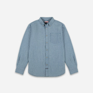 A light blue and white checkered long-sleeve button-down shirt with a chest pocket, displayed flat against a light gray background.