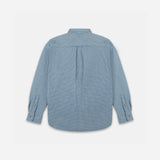 A light blue and white checkered long-sleeve button-down shirt with a central rear pleat. 