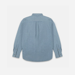 A light blue and white checkered long-sleeve button-down shirt with a central rear pleat. 