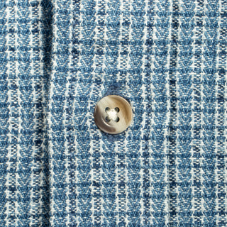 A light blue and white checkered long-sleeve button-down shirt with mother of pearl buttons.